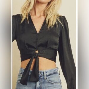 FREE PEOPLE Long Sleeve Black Satin Cropped Tie Hem Top XL